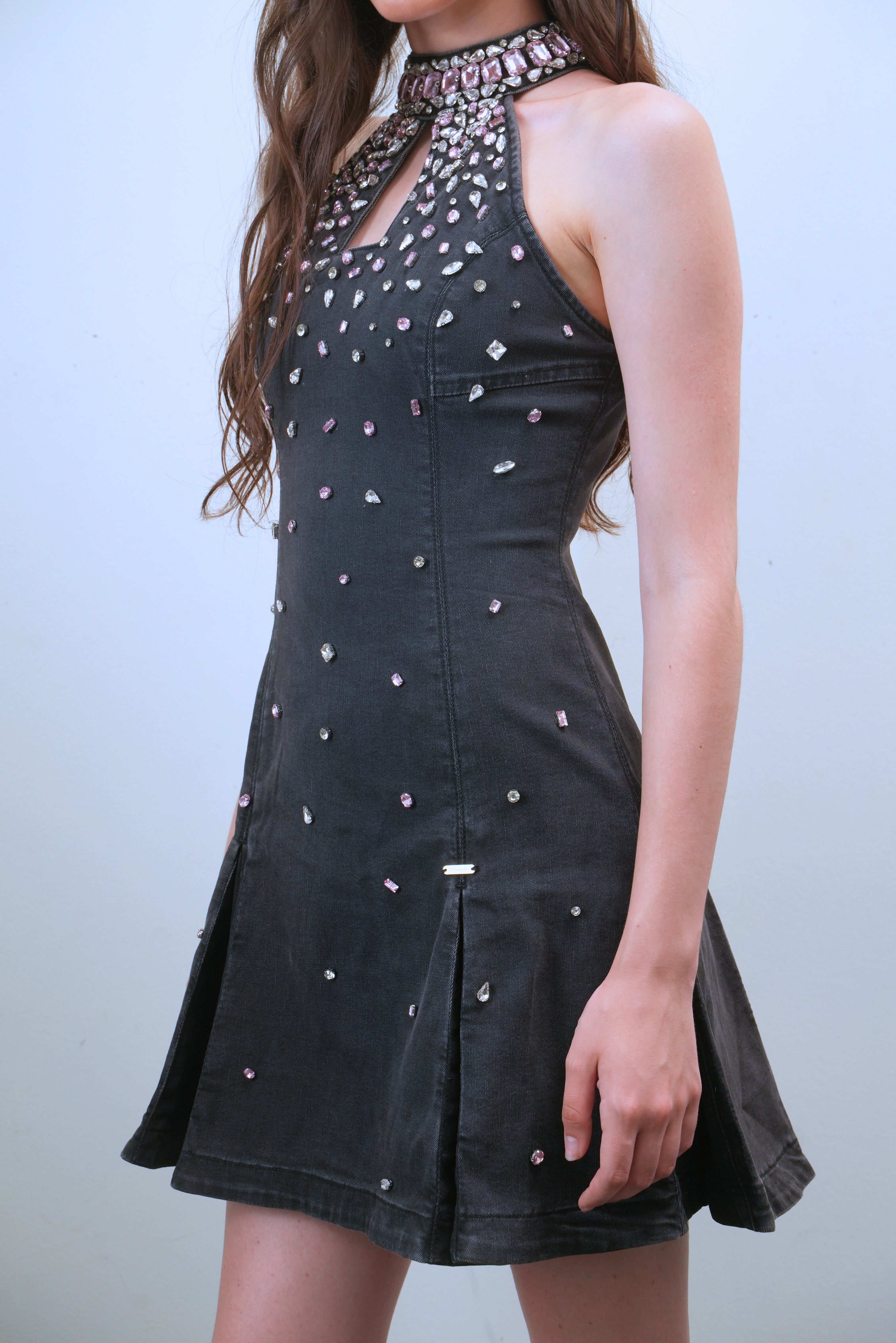Crystal-Studded Halter Neck Denim Dress