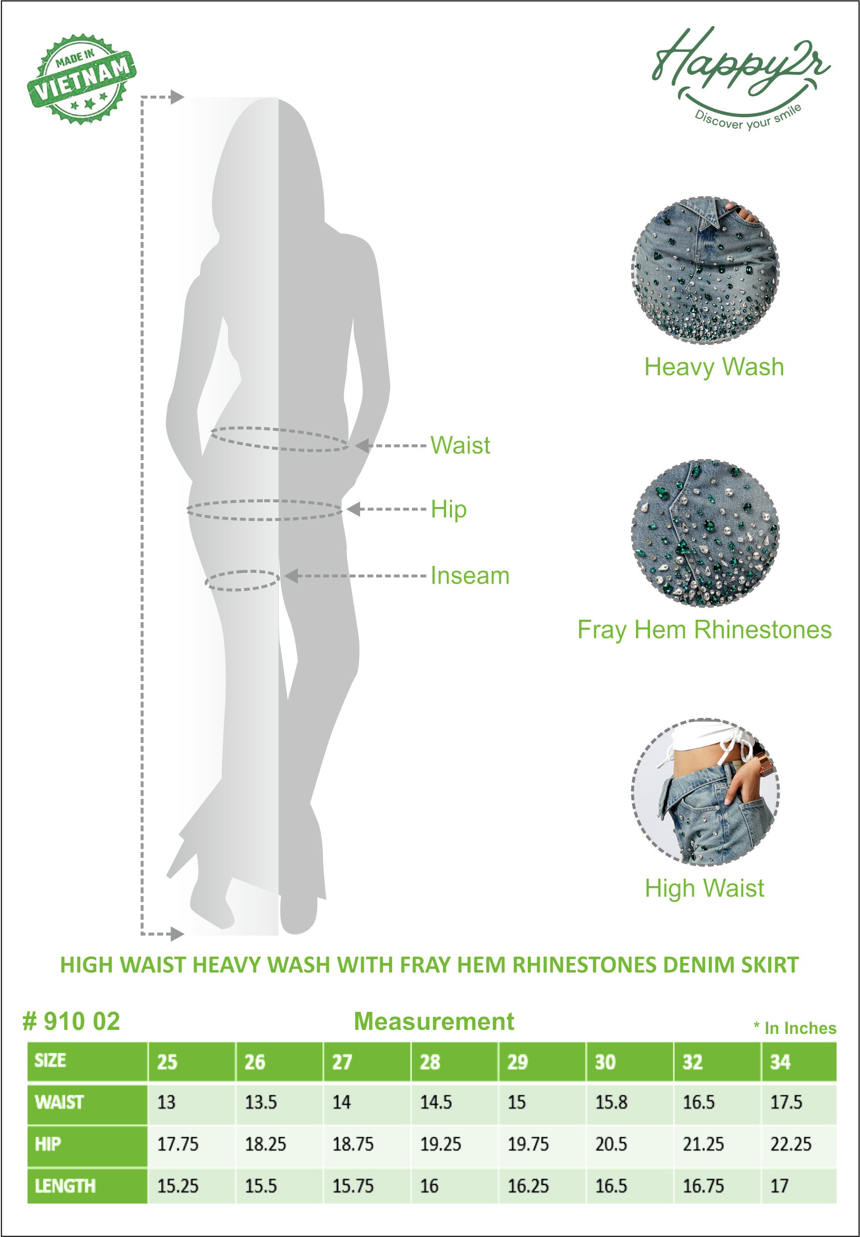 Hight Waist Heavy Wash Rhinestones Denim Skirt