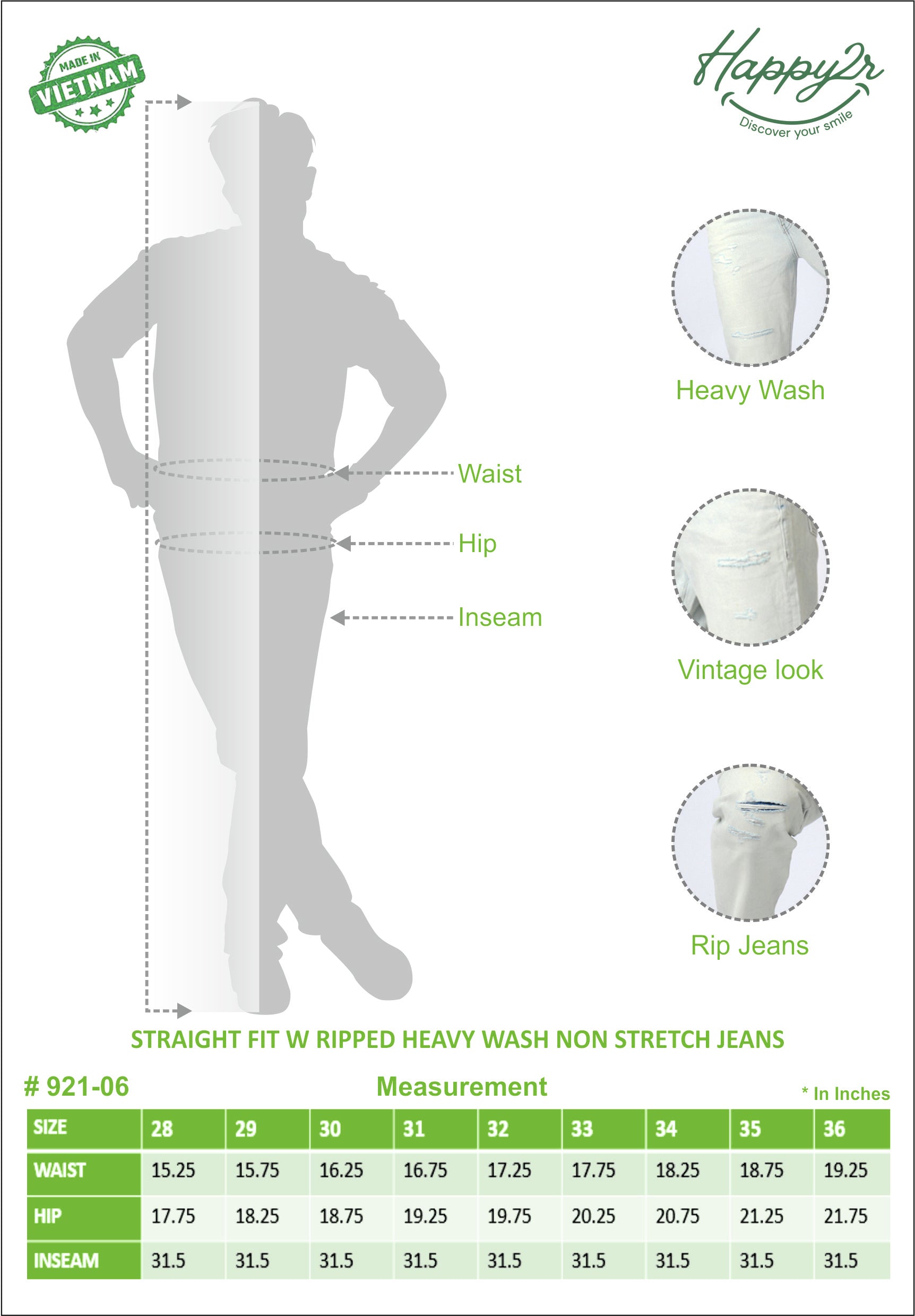 Straight Ripped Heavy Wash Non-Stretch Jeans