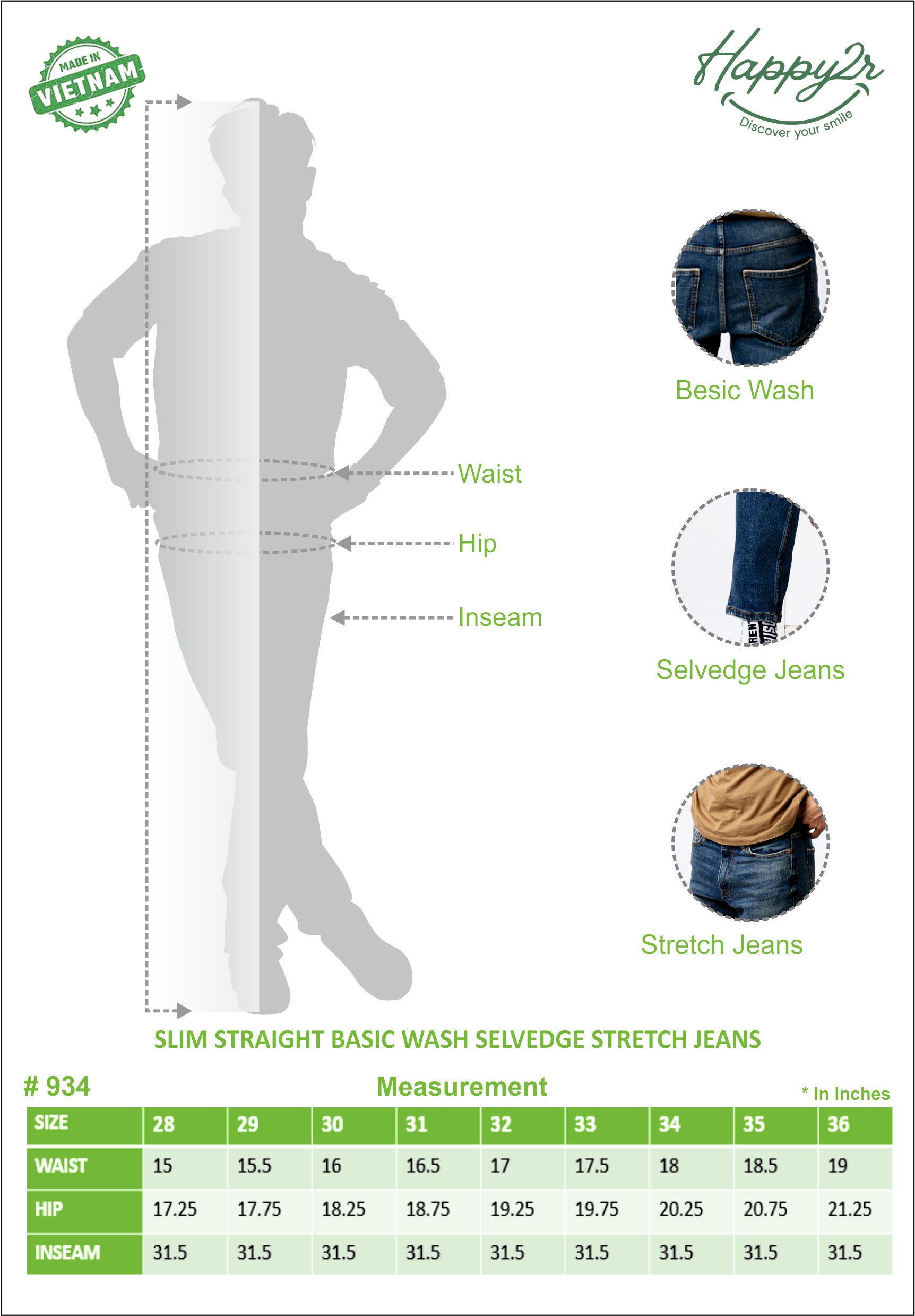 Slim-Straight Basic Wash Selvedge Stretch Jeans