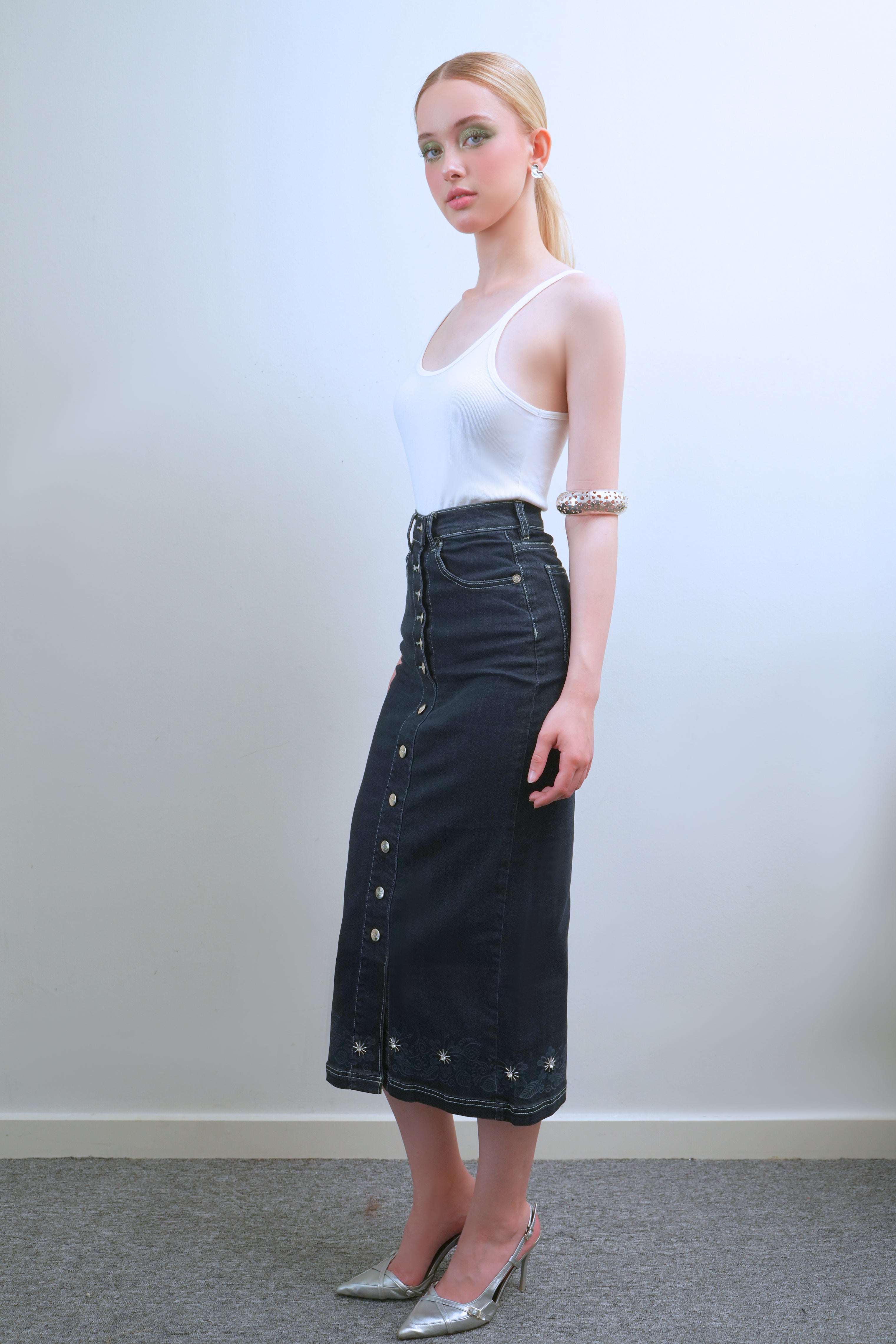 High Waist Lazer Midi Denim Skirt