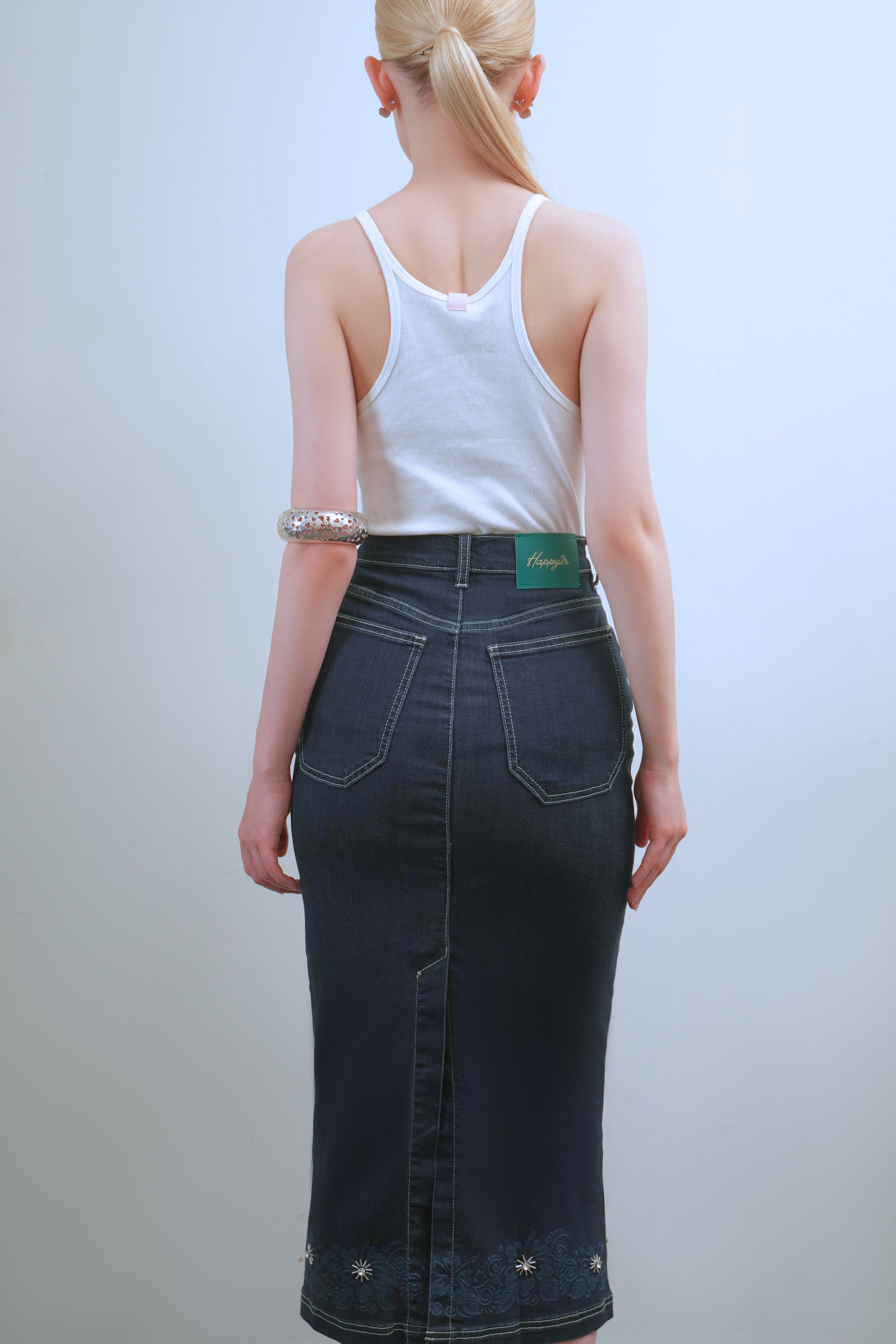 High Waist Lazer Midi Denim Skirt