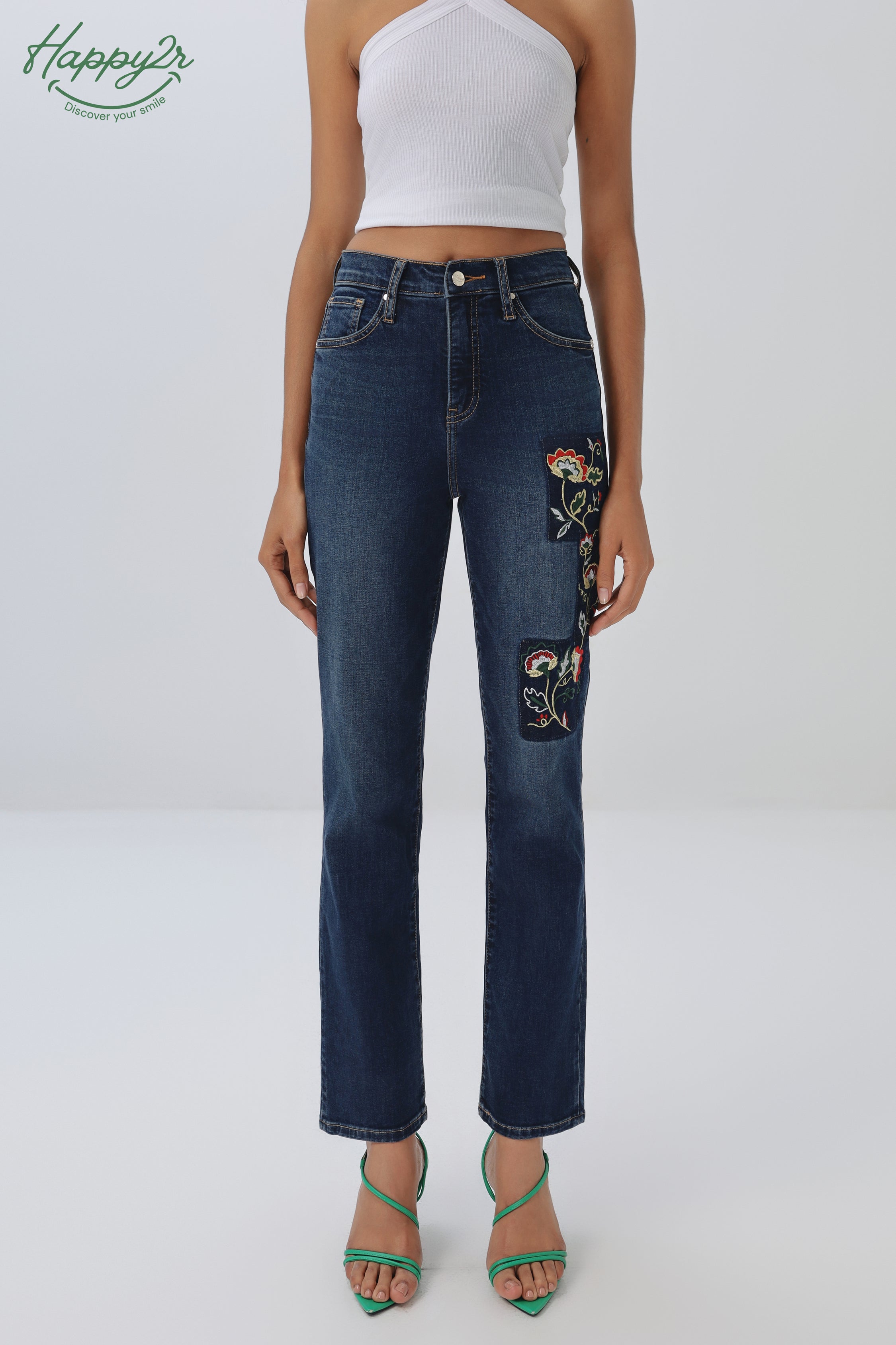 Mid-Rise Dark Wash with Embroidery Slim Jeans