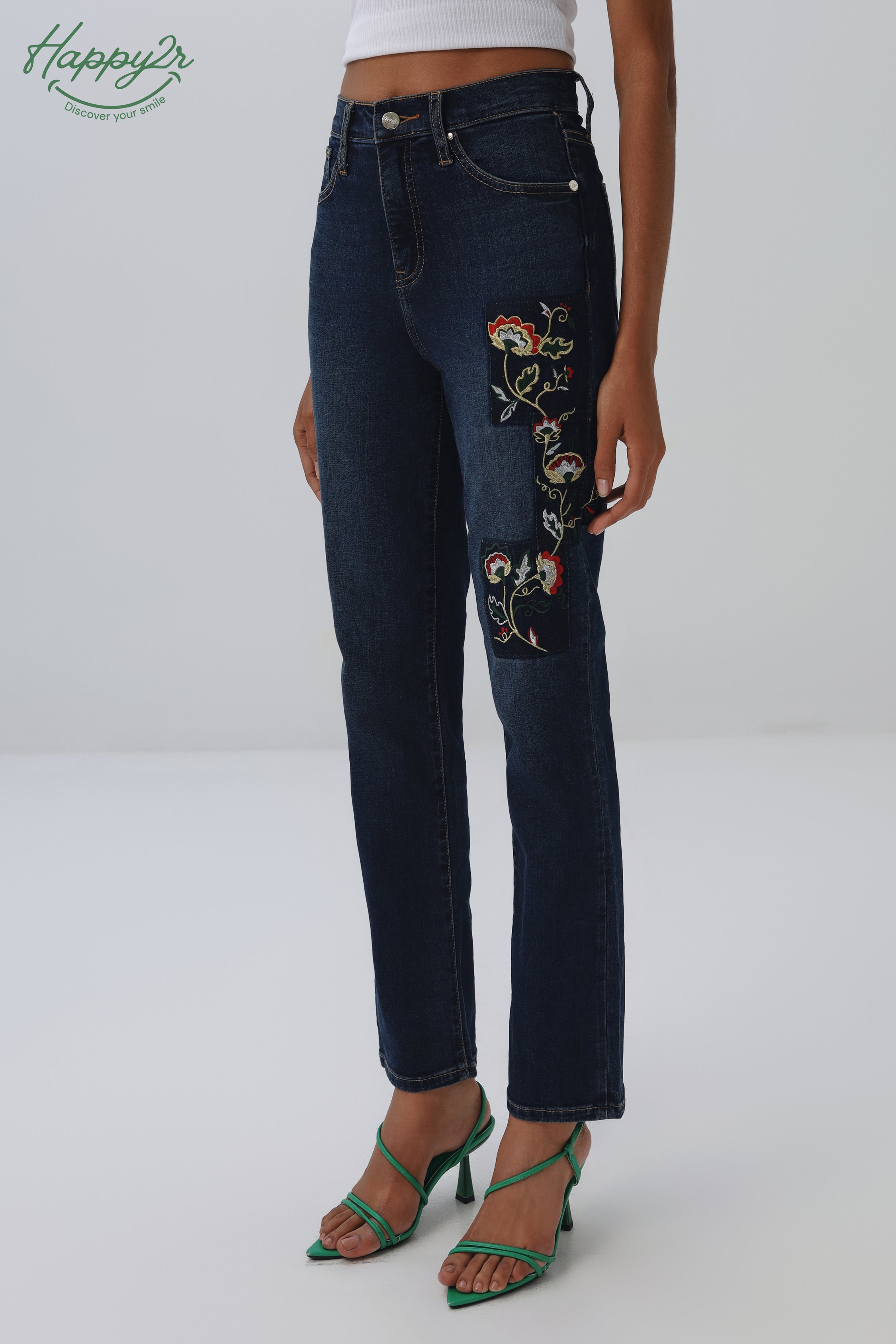 Mid-Rise Dark Wash with Embroidery Slim Jeans