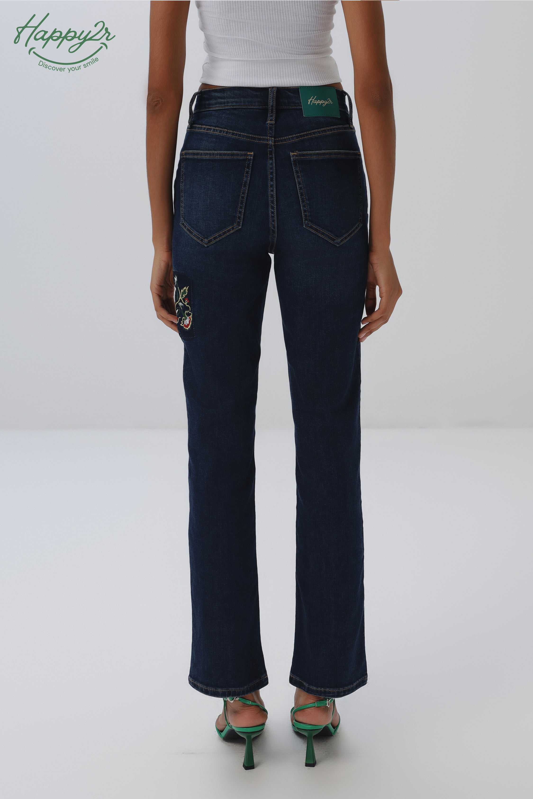 Mid-Rise Dark Wash with Embroidery Slim Jeans