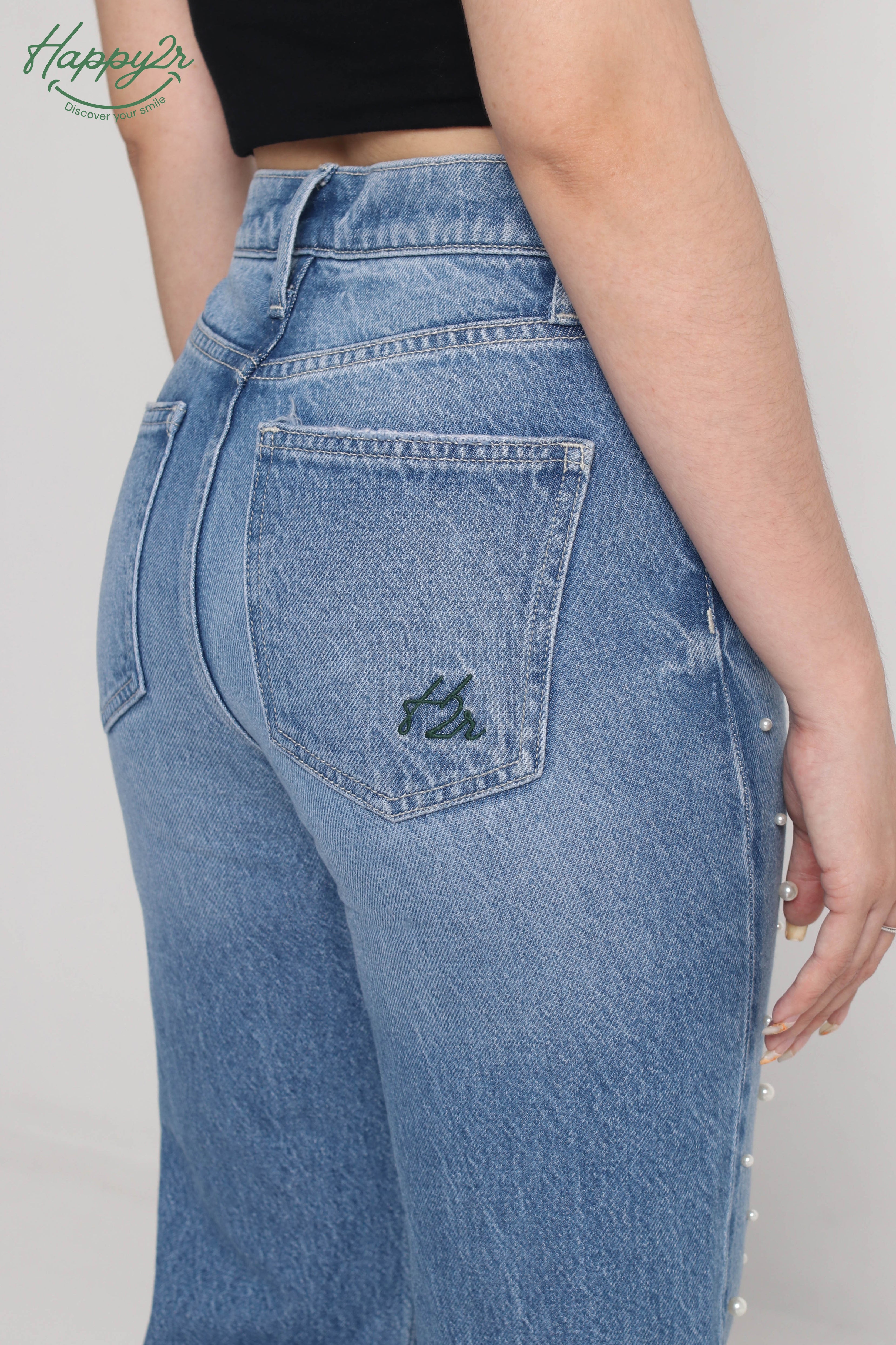 Super High-Rise Medium Wash Wide-Leg Embellished Jeans