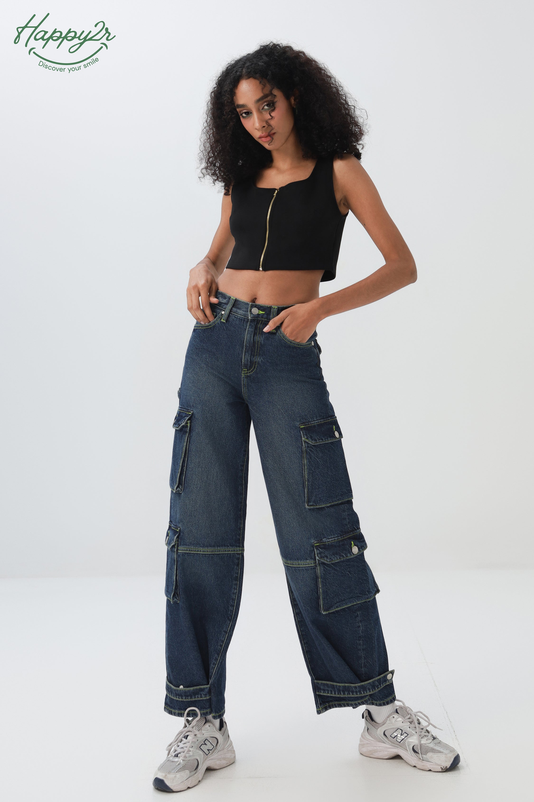 Mid-Rise Dark Wash Cargo Jeans