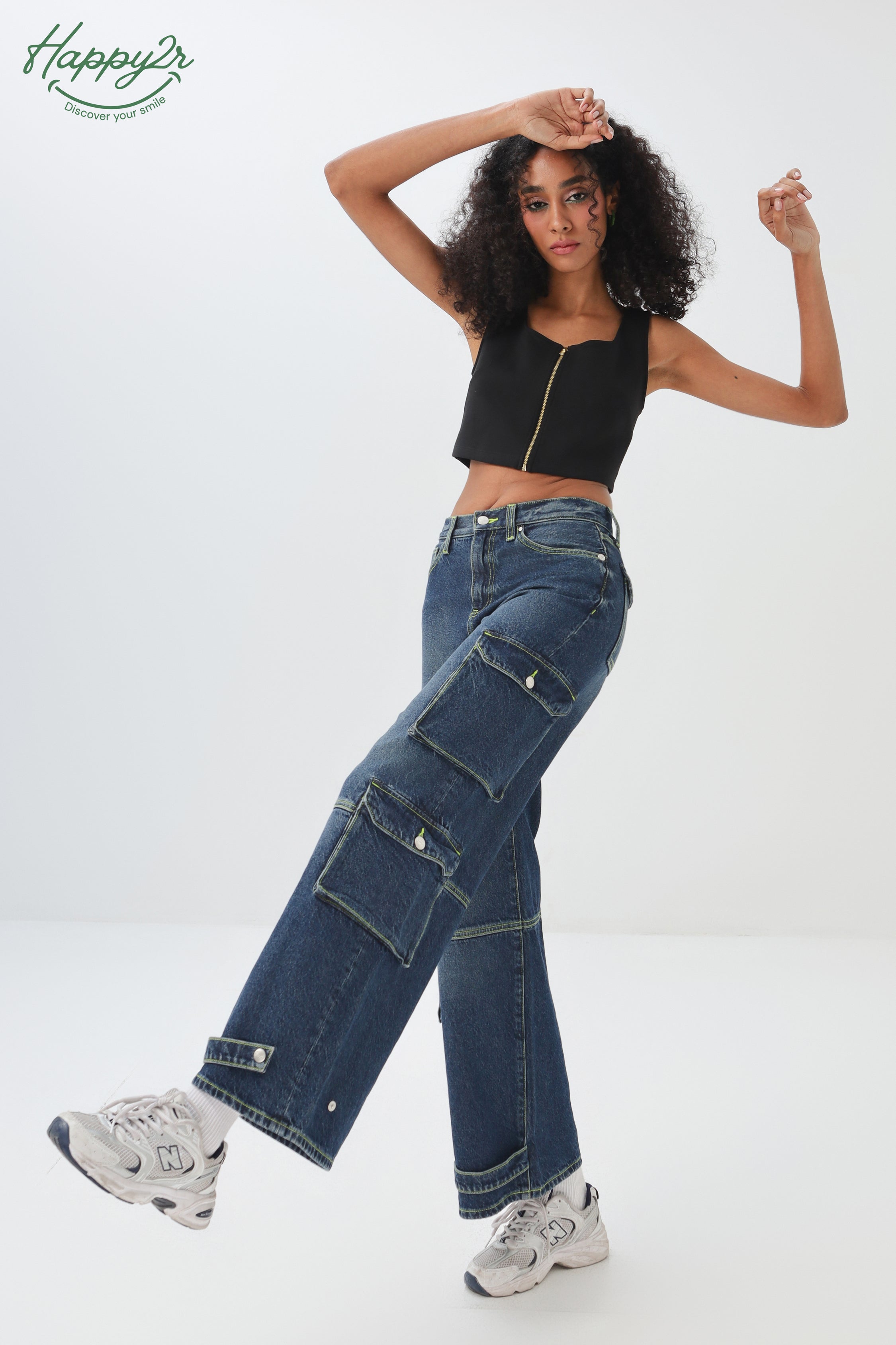 Mid-Rise Dark Wash Cargo Jeans