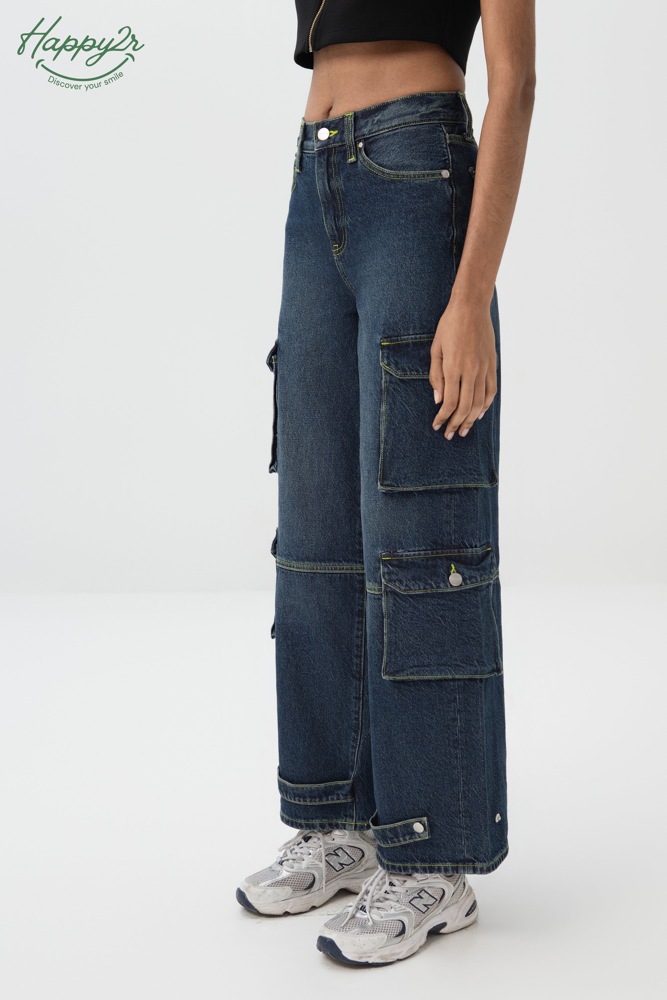 Mid-Rise Dark Wash Cargo Jeans