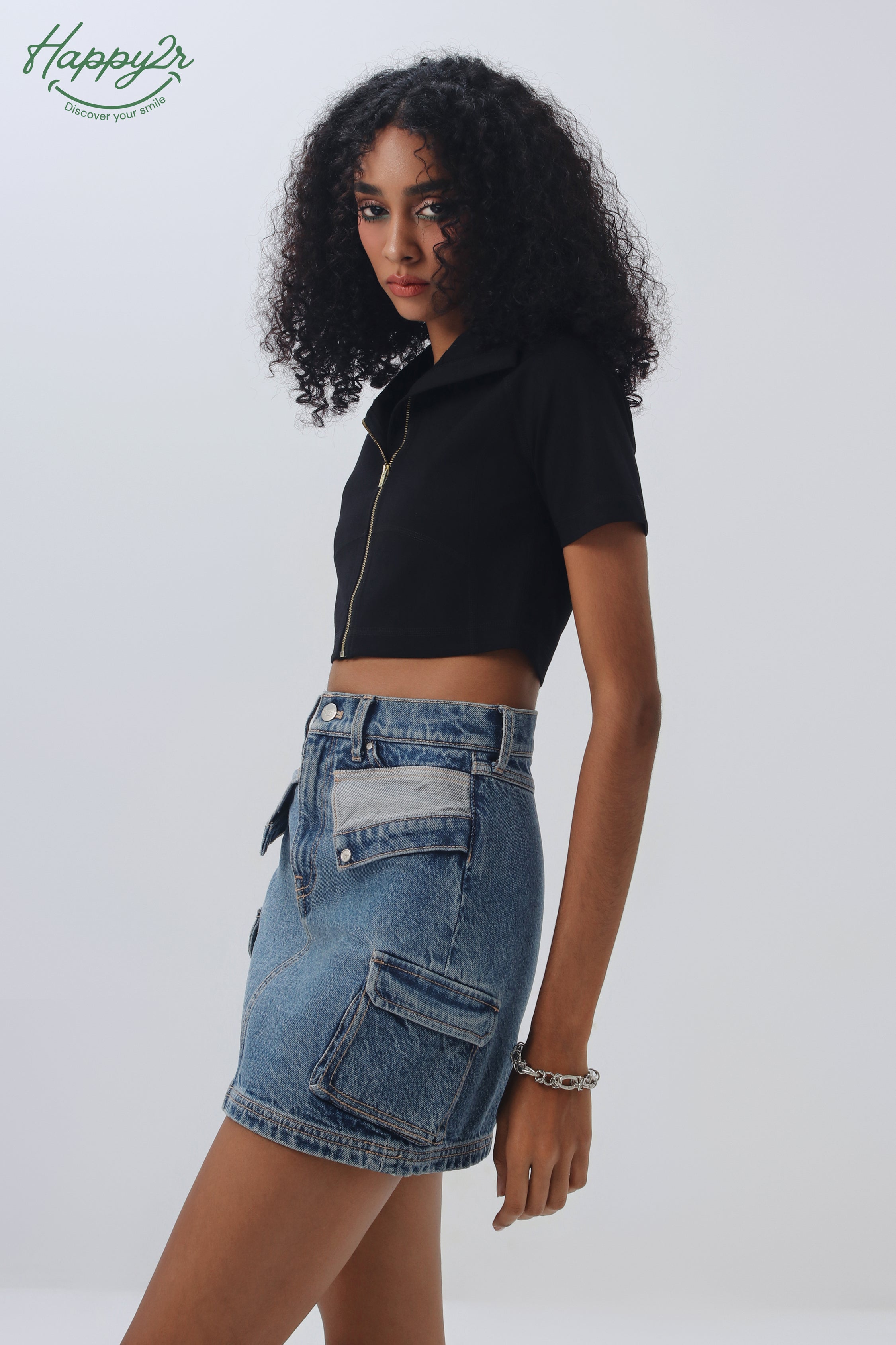 High Waist Heavy Wash Mini Cargo Skirt
