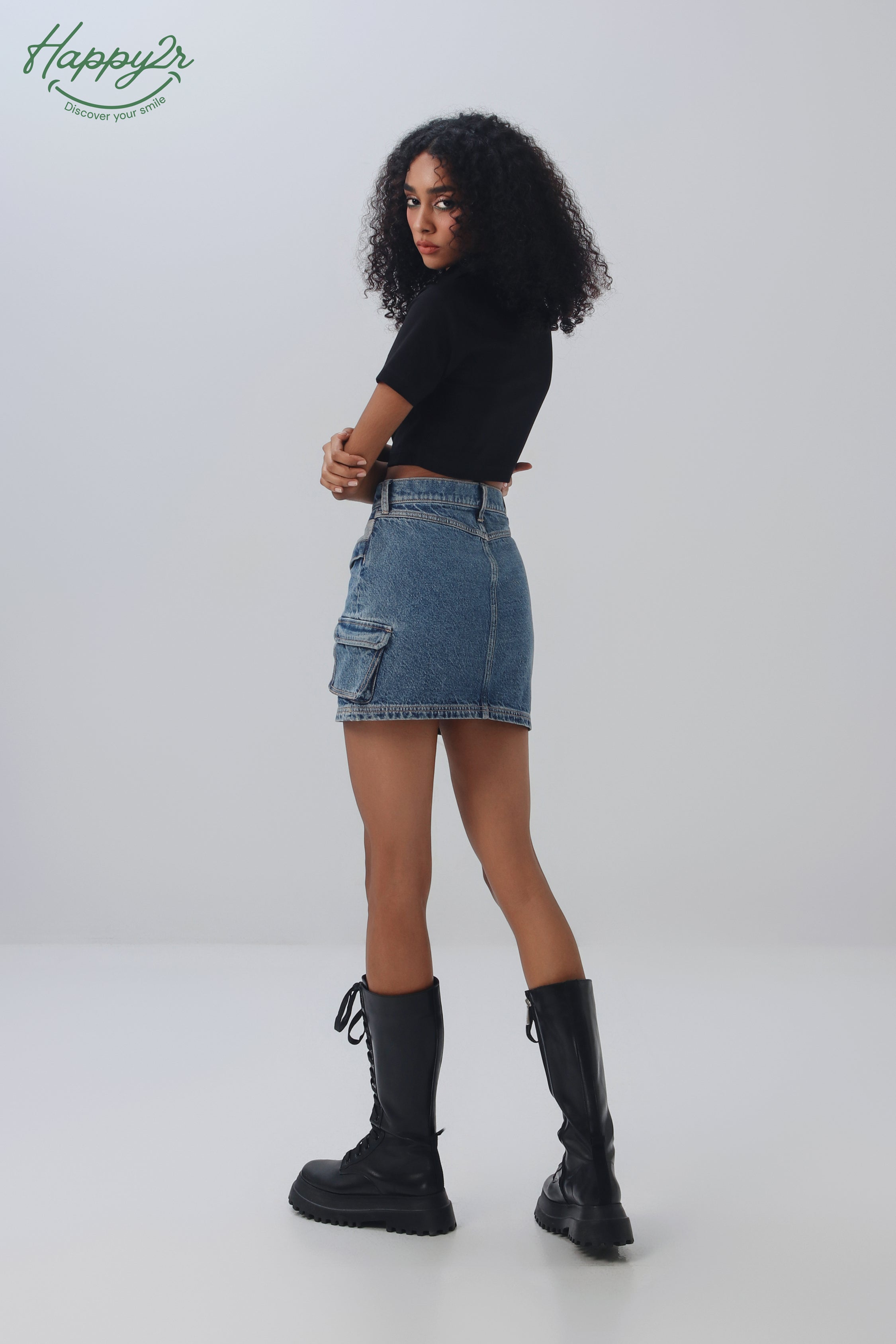 High Waist Heavy Wash Mini Cargo Skirt