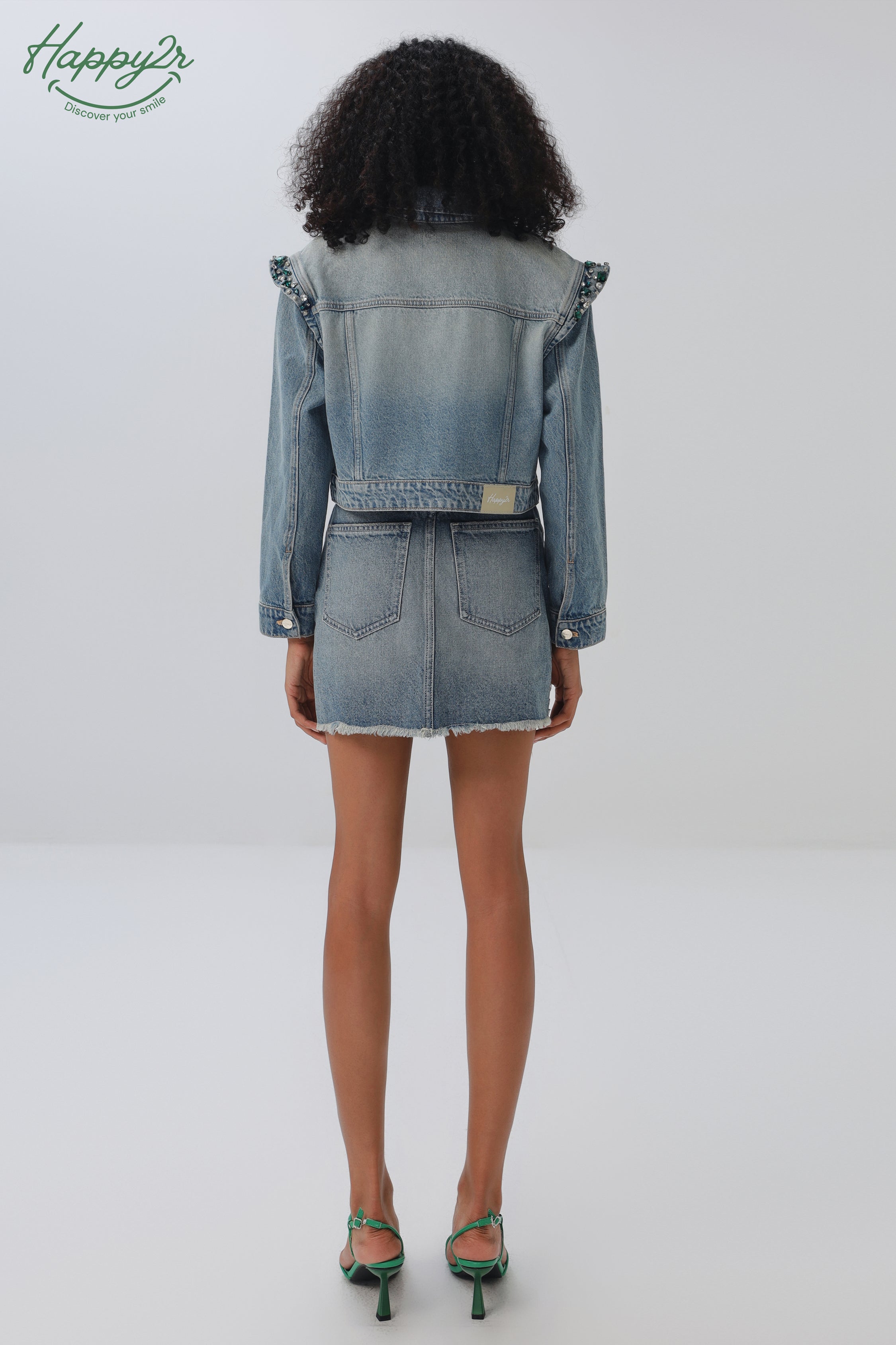 Hight Waist Heavy Wash Rhinestones Denim Skirt