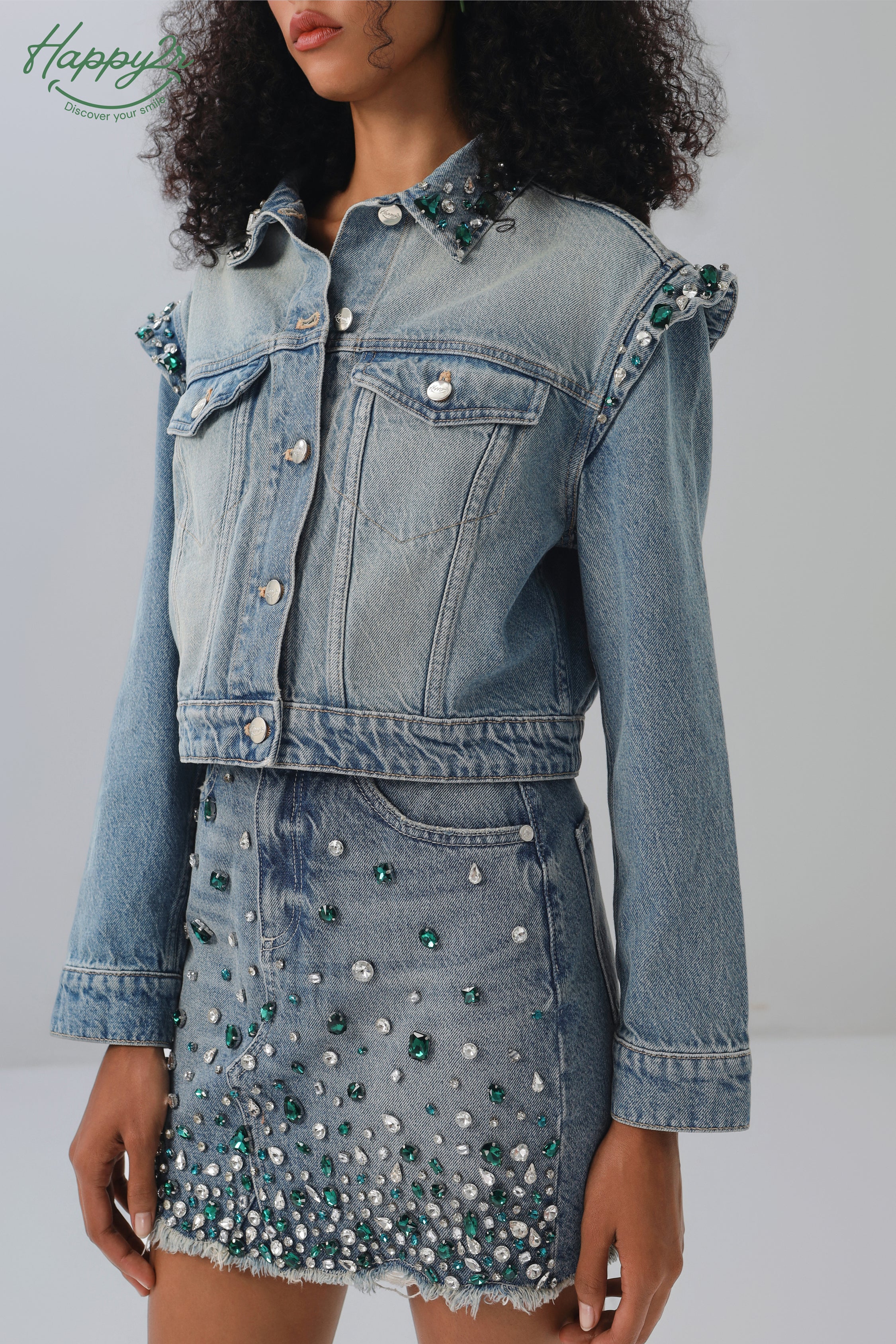 Hight Waist Heavy Wash Rhinestones Denim Skirt