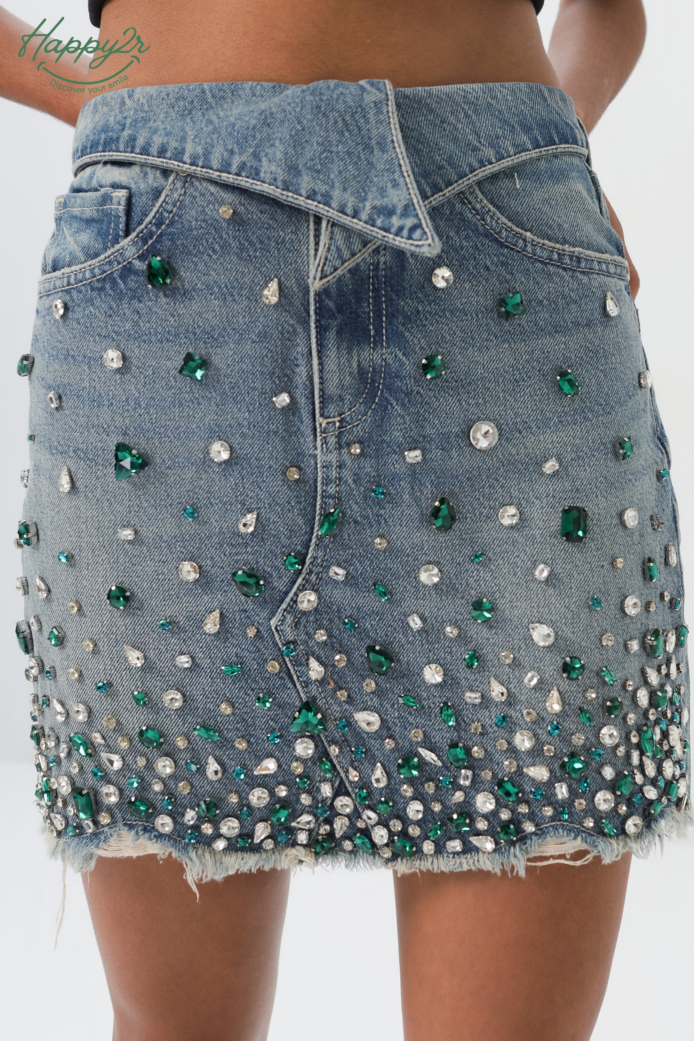 Hight Waist Heavy Wash Rhinestones Denim Skirt