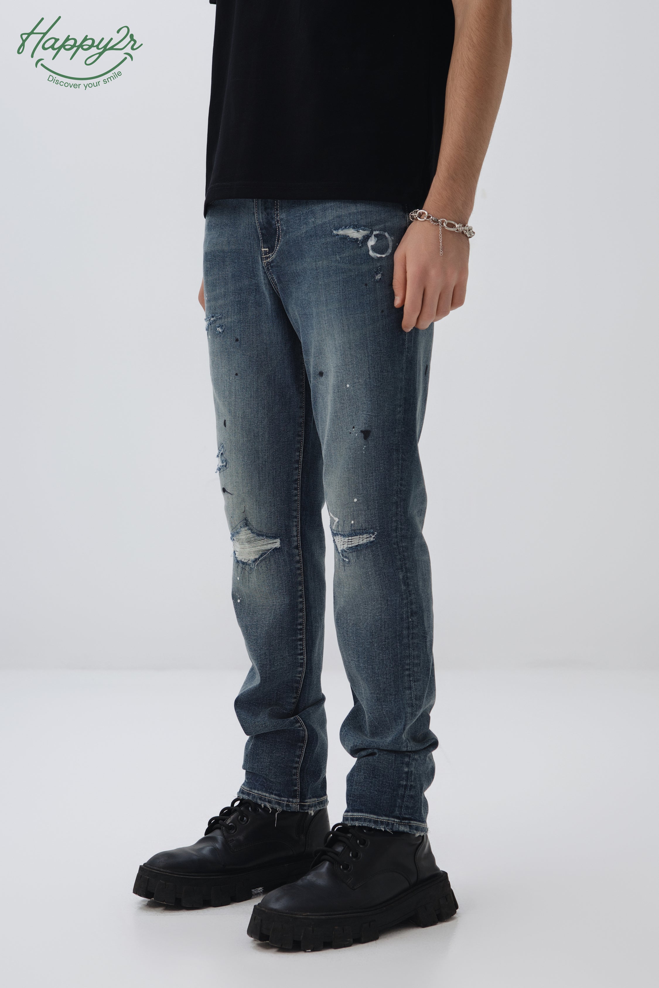 Straight Ripped Heavy Wash Stretch Jeans