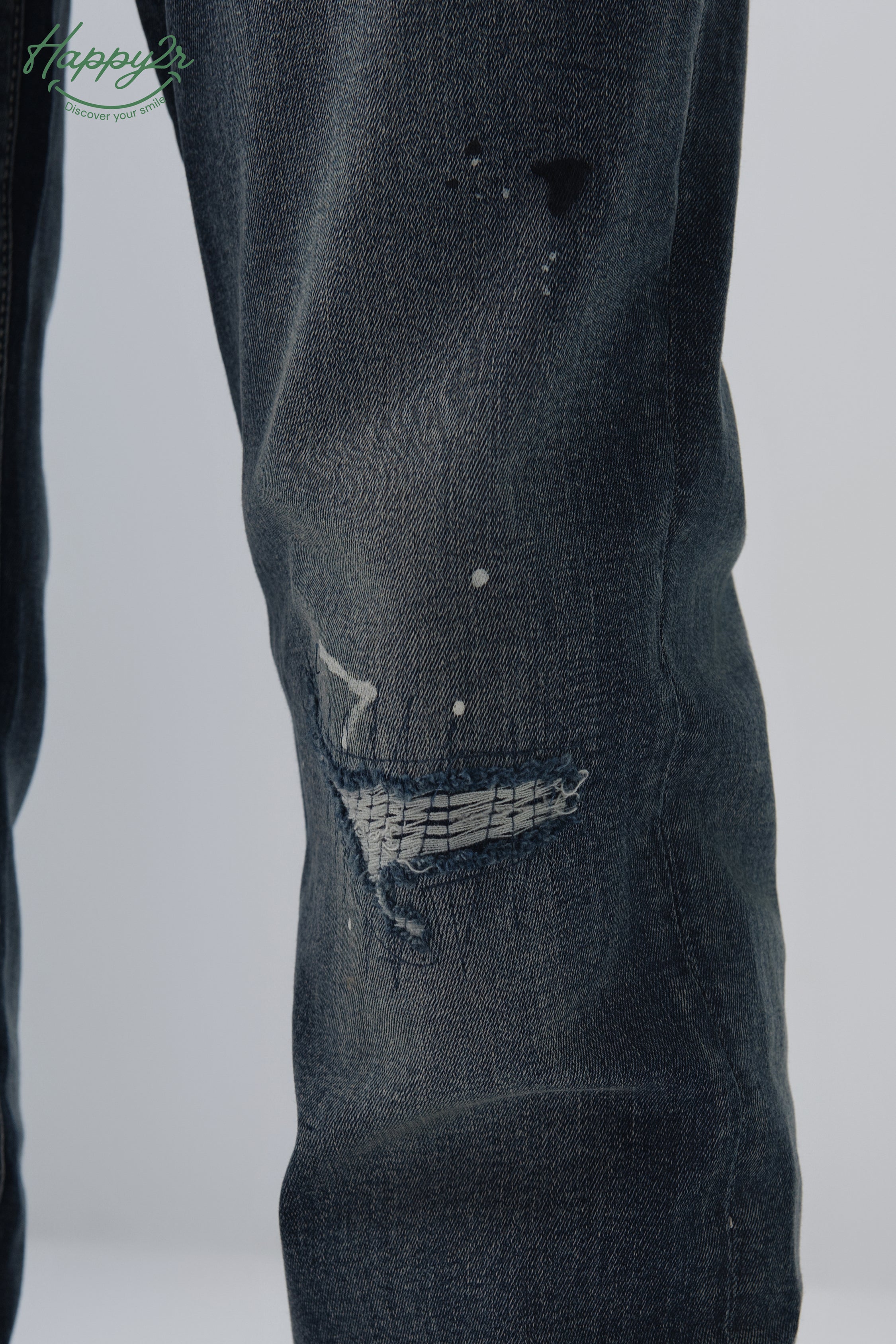 Straight Ripped Heavy Wash Stretch Jeans