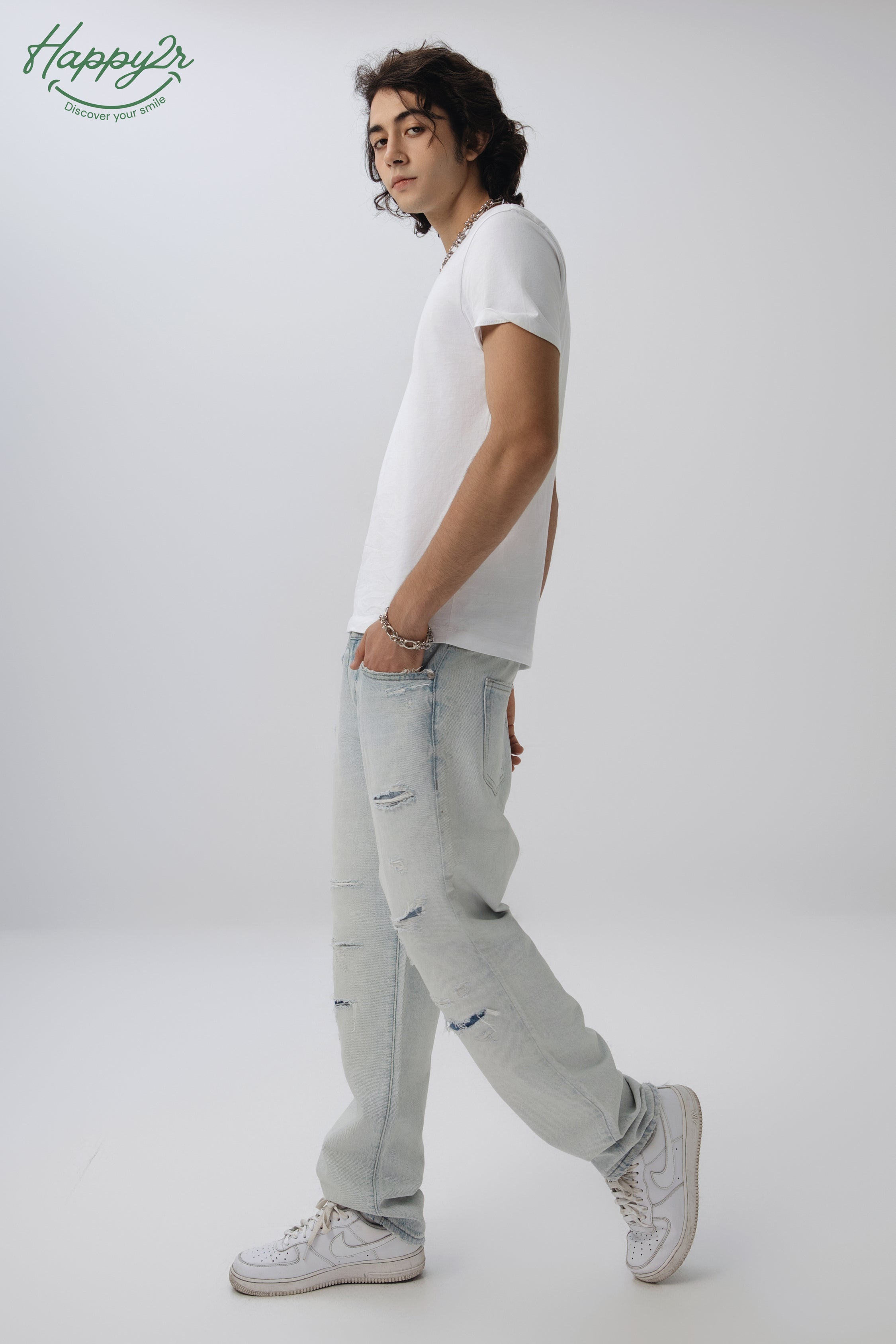 Straight Ripped Heavy Wash Non-Stretch Jeans