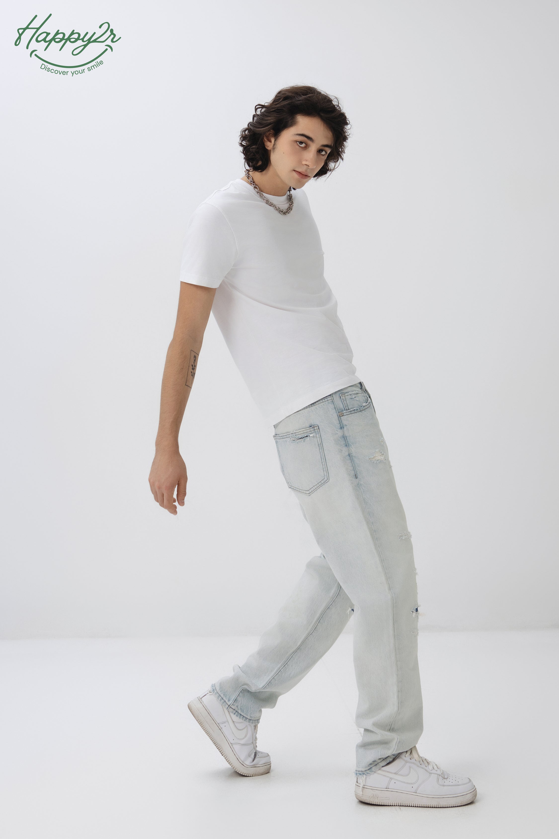 Straight Ripped Heavy Wash Non-Stretch Jeans