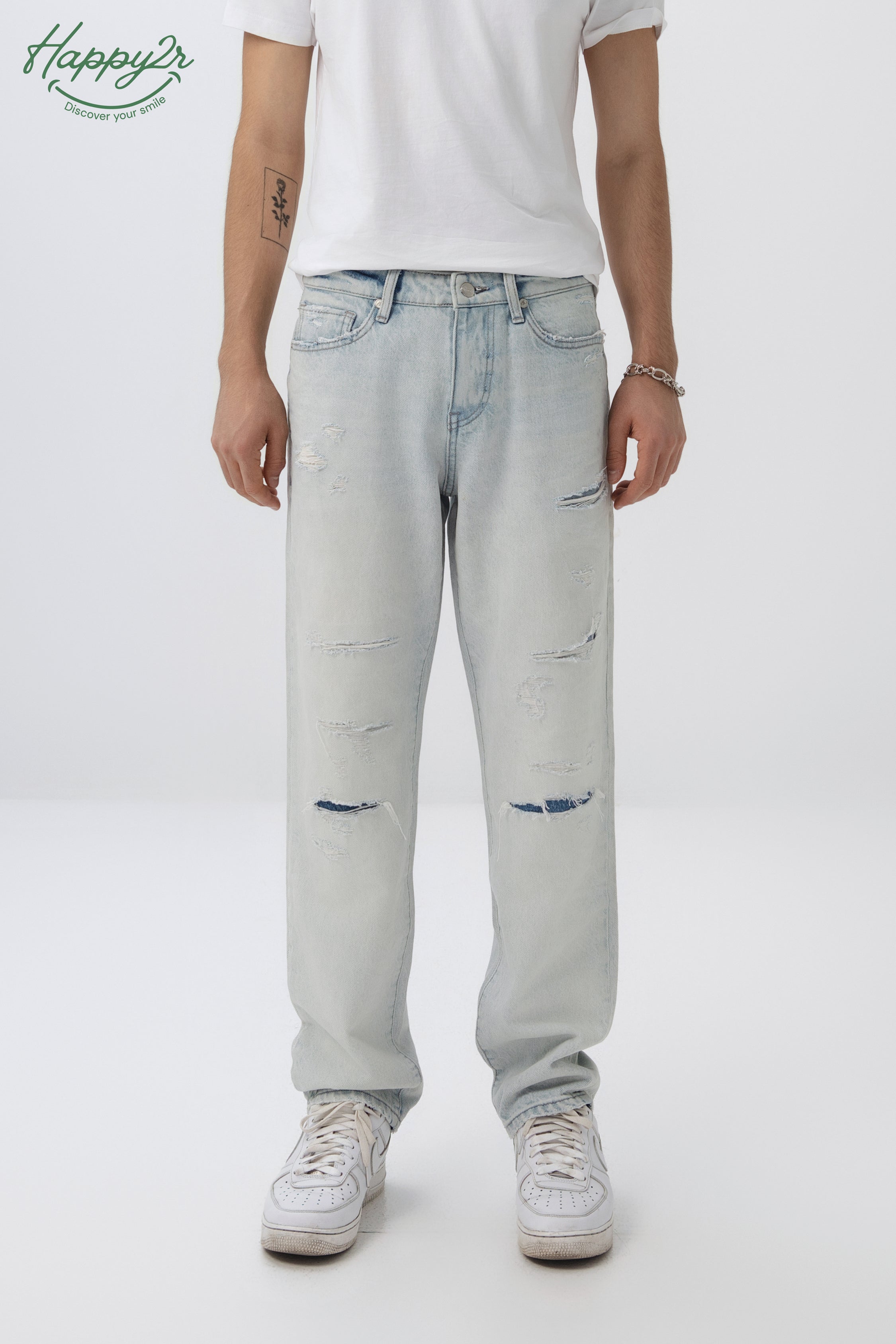 Straight Ripped Heavy Wash Non-Stretch Jeans