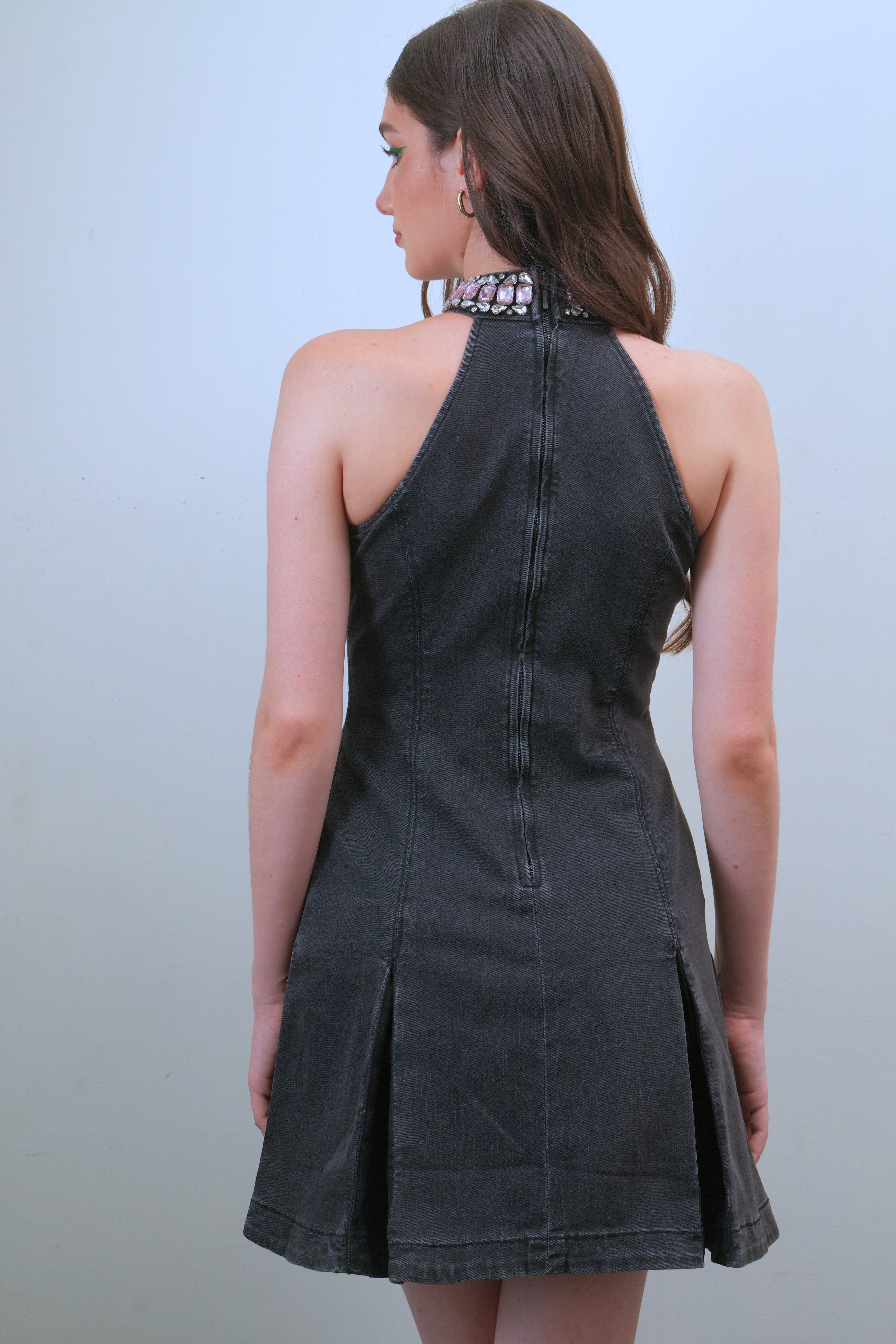 Crystal-Studded Halter Neck Denim Dress