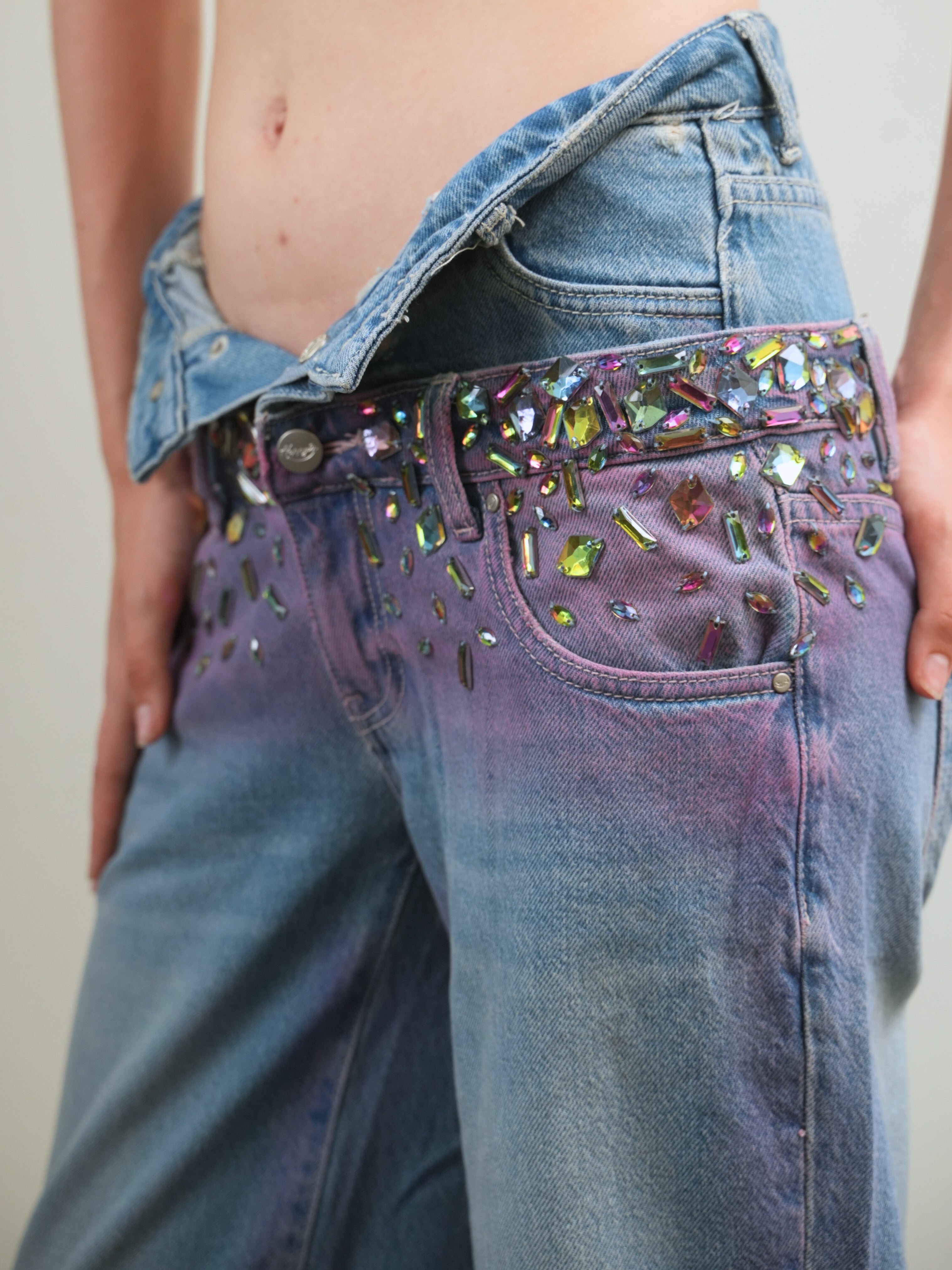Crystal Studded Purple-Fade wide leg Jeans