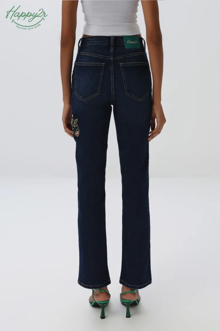 DARK WASH WITH EMBROIDERY STRAIGHT SLIM JEANS