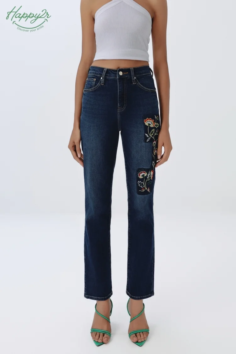 DARK WASH WITH EMBROIDERY STRAIGHT SLIM JEANS