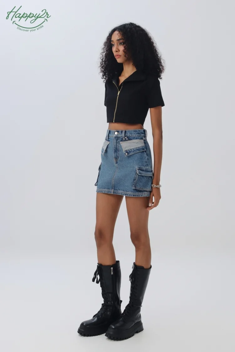 HIGH WAIST HEAVY WASH MINI CARGO SKIRT