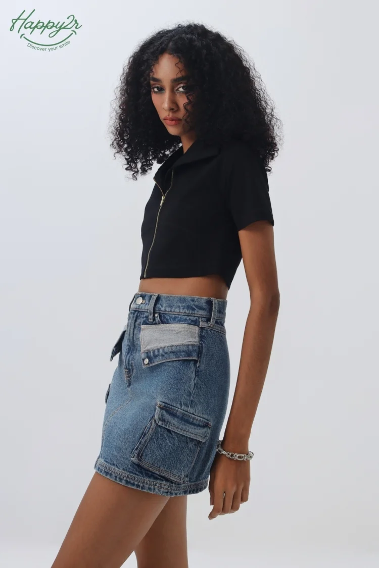 HIGH WAIST HEAVY WASH MINI CARGO SKIRT