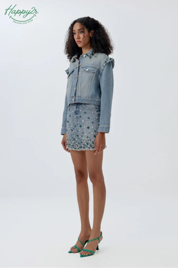 HIGH WAIST HEAVY WASH WITH FRAY HEM RHINESTONES DENIM SKIRT