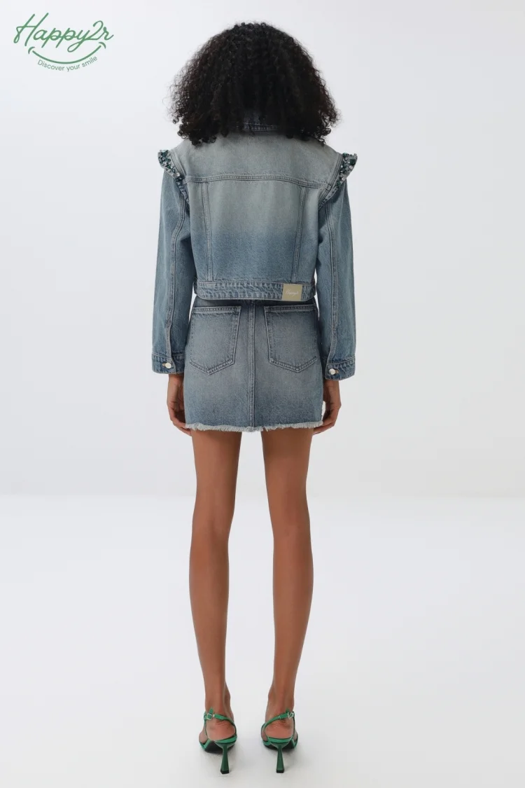 HIGH WAIST HEAVY WASH WITH FRAY HEM RHINESTONES DENIM SKIRT