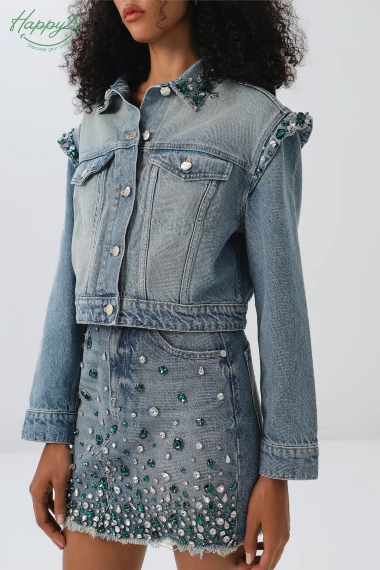 HIGH WAIST HEAVY WASH WITH FRAY HEM RHINESTONES DENIM SKIRT