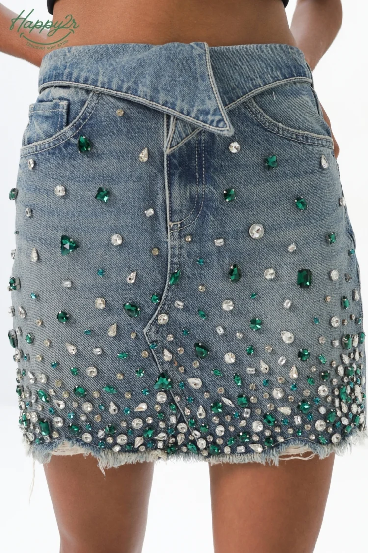 HIGH WAIST HEAVY WASH WITH FRAY HEM RHINESTONES DENIM SKIRT