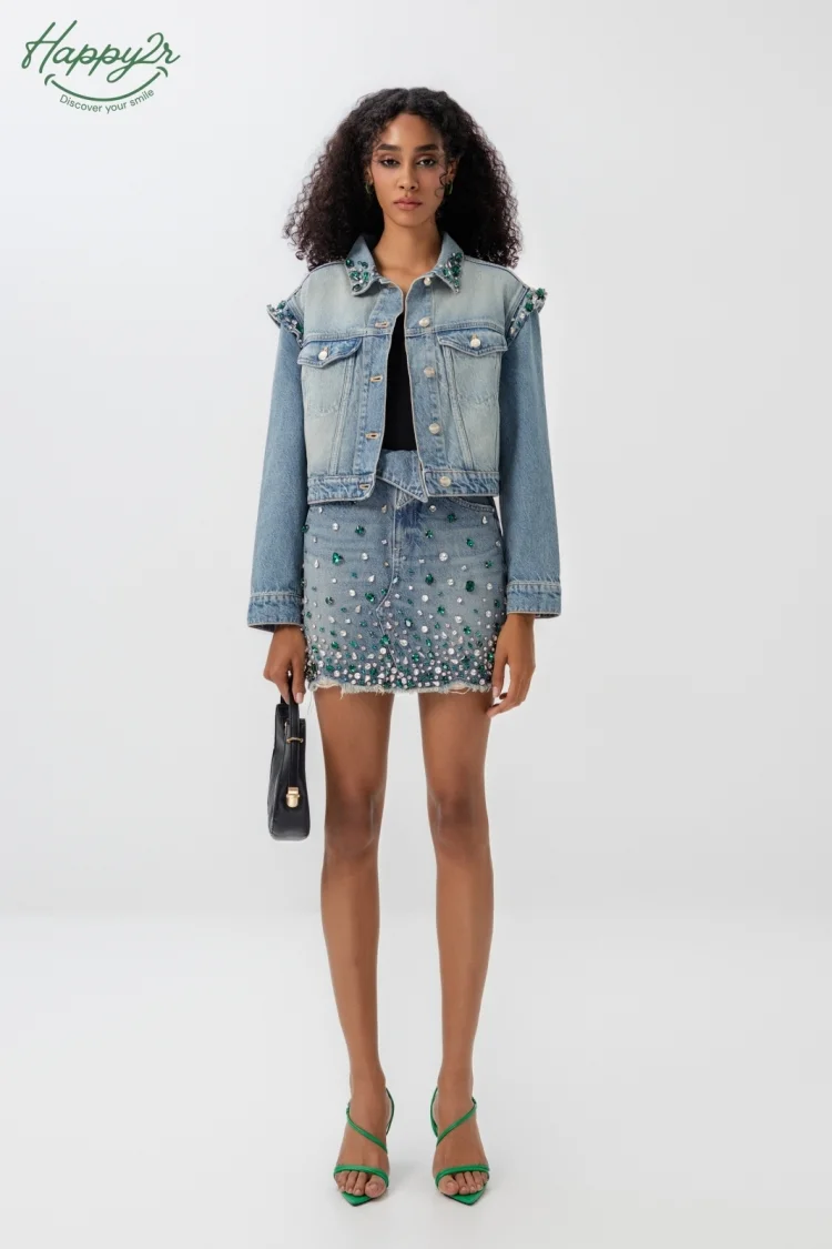 HIGH WAIST HEAVY WASH WITH FRAY HEM RHINESTONES DENIM SKIRT