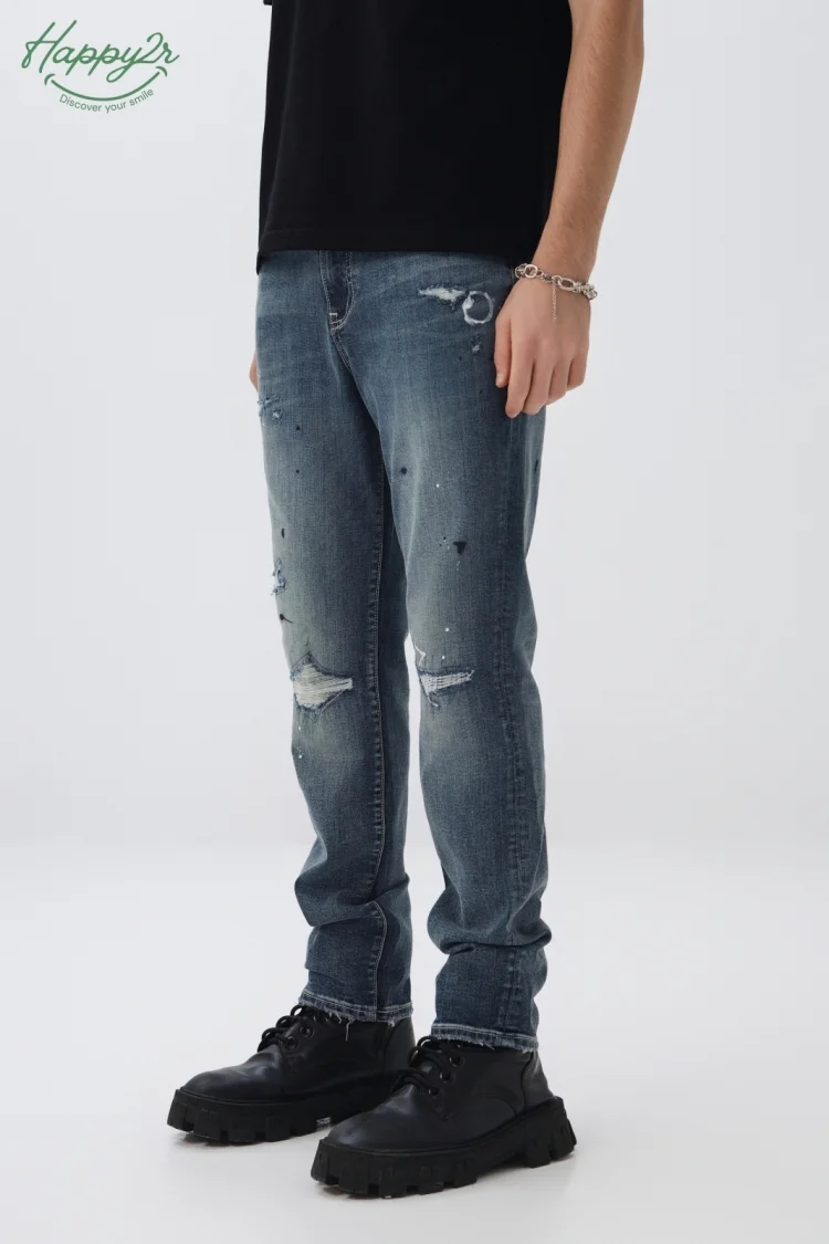 STRAIGHT RIPPED HEAVY WASH STRETCH JEANS