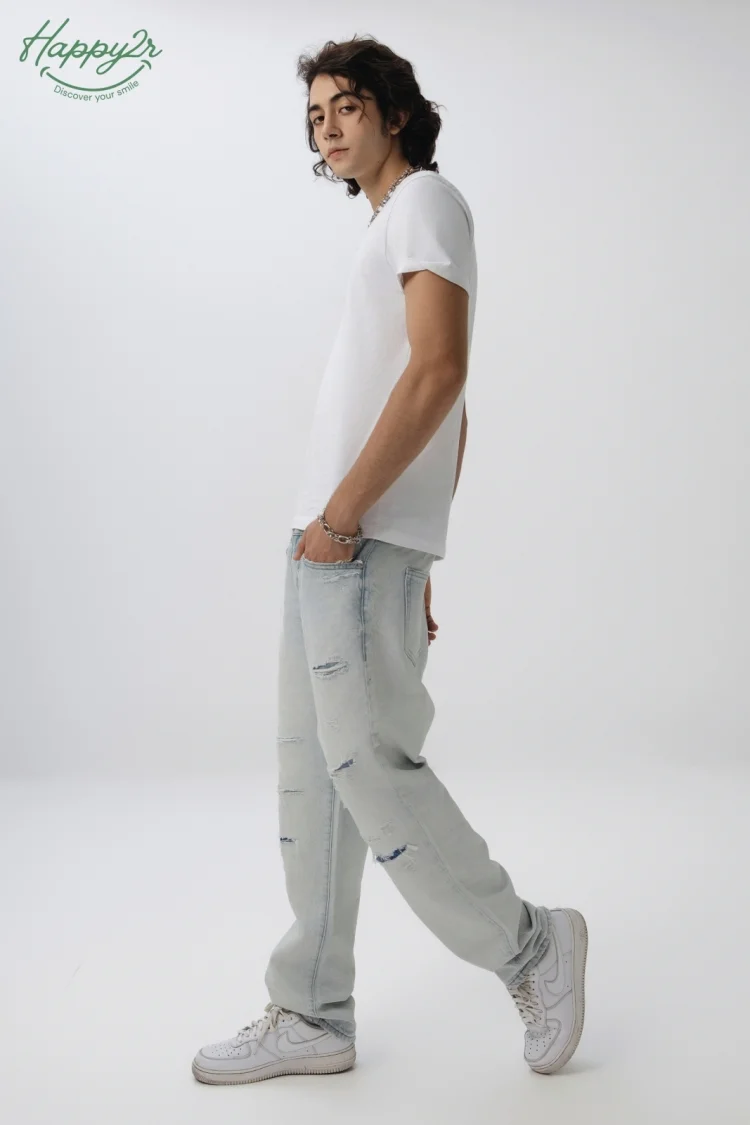 STRAIGHT FIT RIPPED HEAVY WASH NON STRETCH JEANS