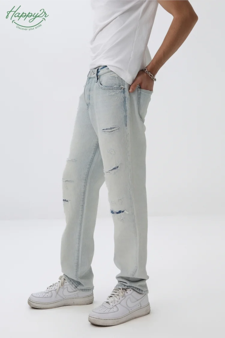 STRAIGHT FIT RIPPED HEAVY WASH NON STRETCH JEANS