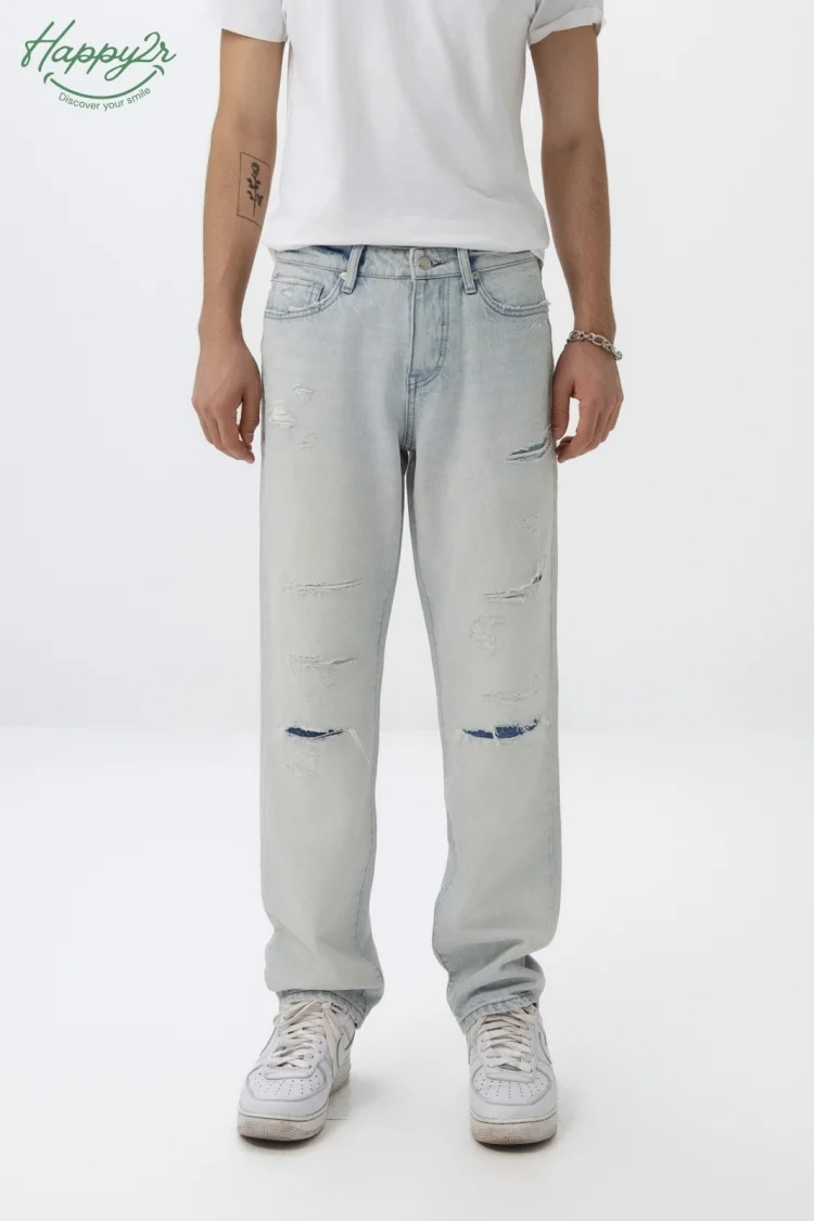 STRAIGHT FIT RIPPED HEAVY WASH NON STRETCH JEANS