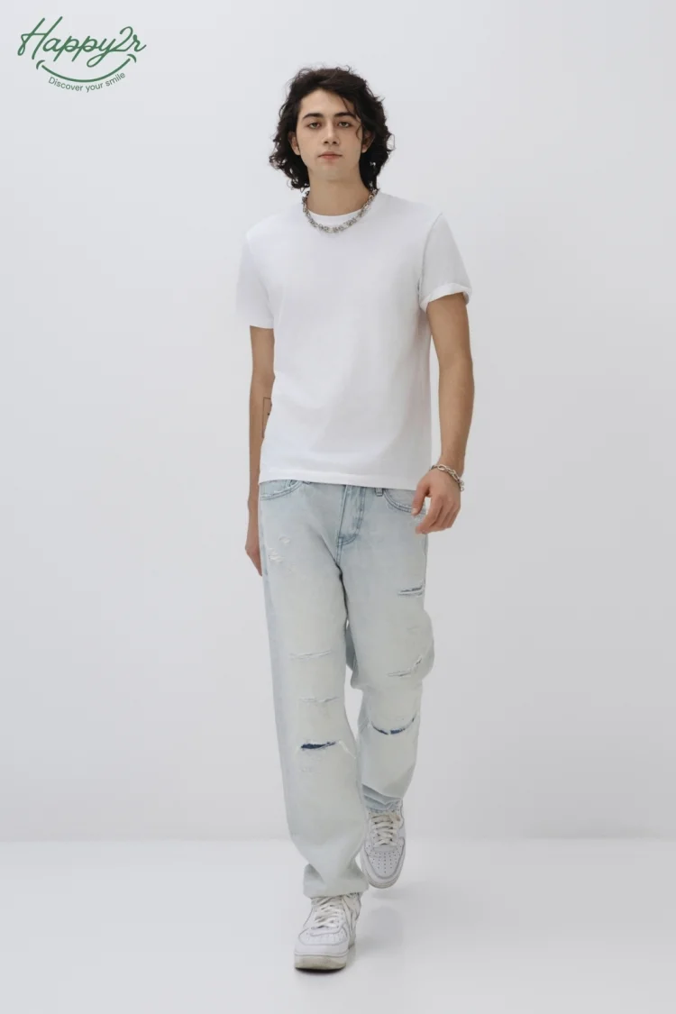 STRAIGHT FIT RIPPED HEAVY WASH NON STRETCH JEANS