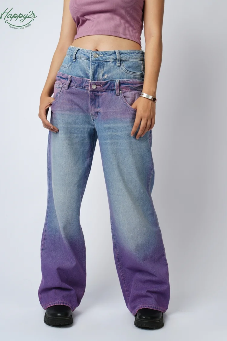 DOUBLE WAISTBAND LOOSE FIT HEAVY WASH COLORED JEANS