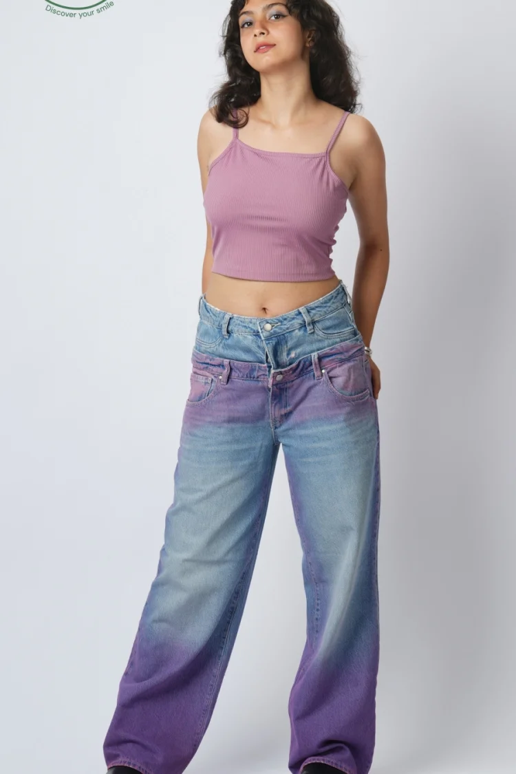 DOUBLE WAISTBAND LOOSE FIT HEAVY WASH COLORED JEANS