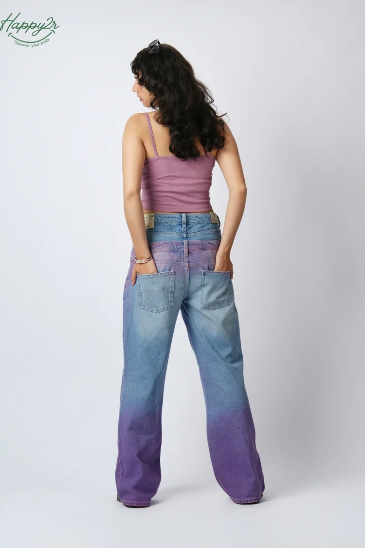 DOUBLE WAISTBAND LOOSE FIT HEAVY WASH COLORED JEANS