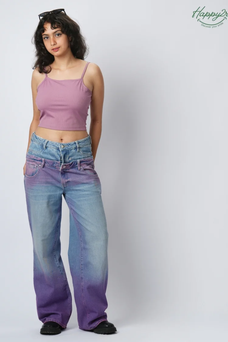 DOUBLE WAISTBAND LOOSE FIT HEAVY WASH COLORED JEANS