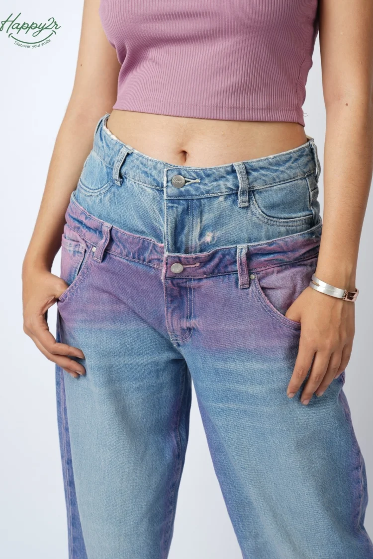 DOUBLE WAISTBAND LOOSE FIT HEAVY WASH COLORED JEANS